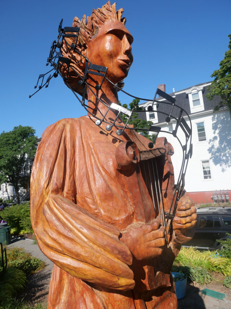 Fermin Castro's sculpture "We Are Still Listening," 2022, at Symphony Park, Somerville. (©Greg Cook photo)