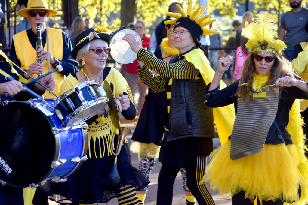 Expandable Brass Band performs at Honk in Somerville's Davis Square, Saturday, Oct 8, 2022 (©Greg Cook photo)