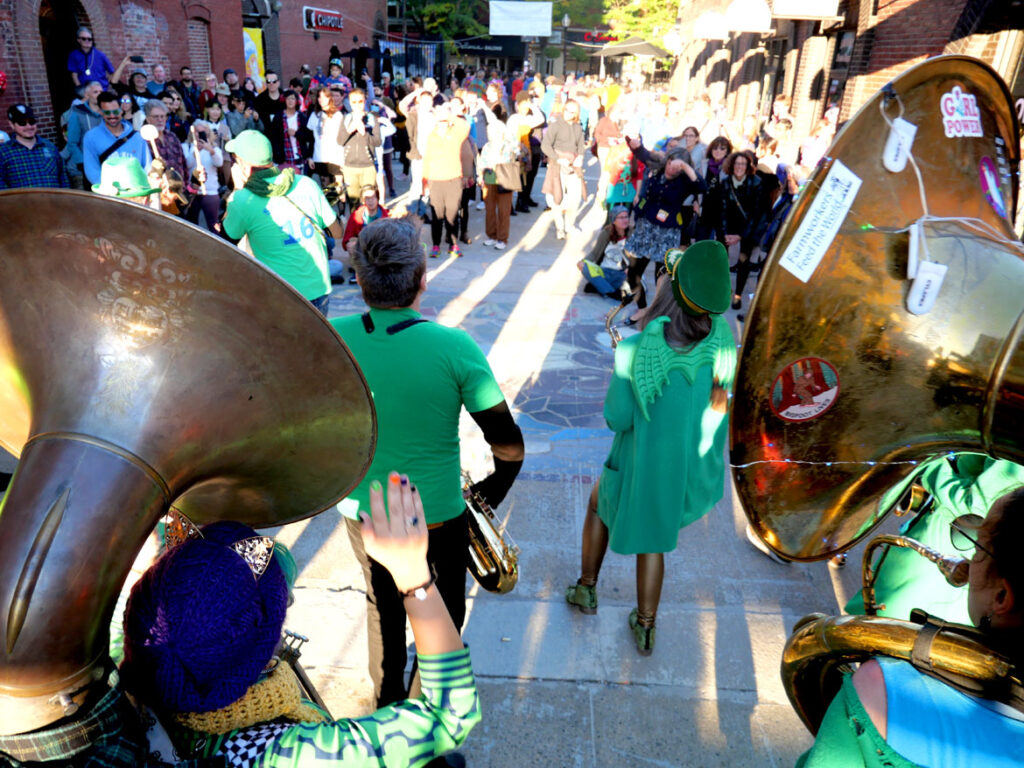 Hartford Hot Several performs at Honk in Somerville's Davis Square, Saturday, Oct 8, 2022 (©Greg Cook photo)