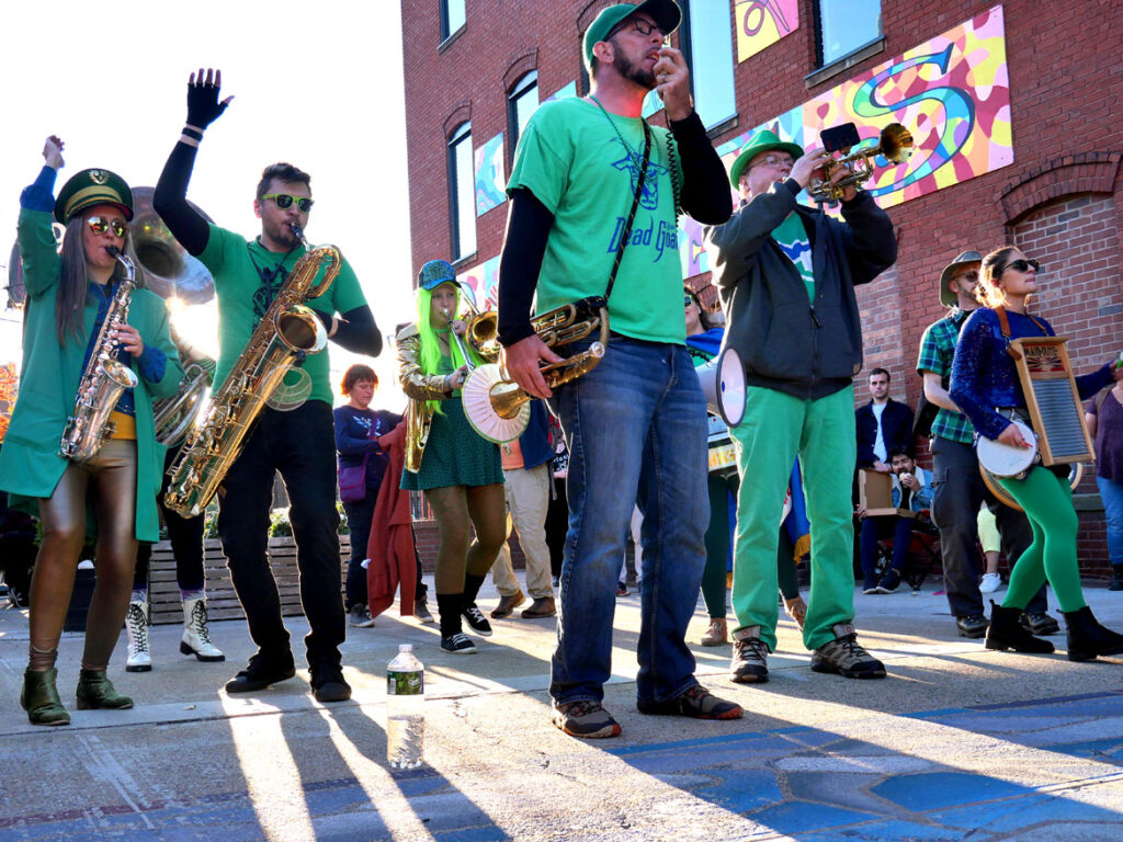 Hartford Hot Several performs at Honk in Somerville's Davis Square, Saturday, Oct 8, 2022 (©Greg Cook photo)