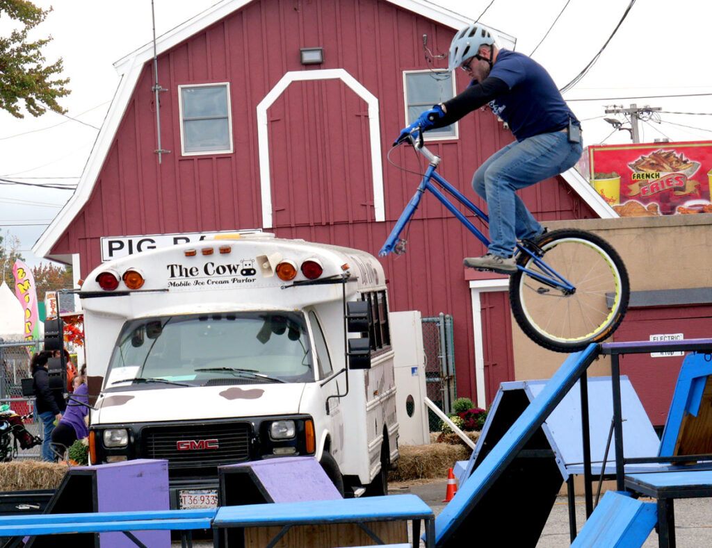 Bike stunt show at the Topsfield Fair, Oct. 4, 2022. (©Greg Cook photo)