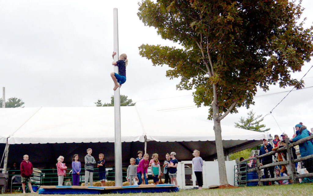 Money Pole climbing contest at the Topsfield Fair, Oct. 4, 2022. (©Greg Cook photo)