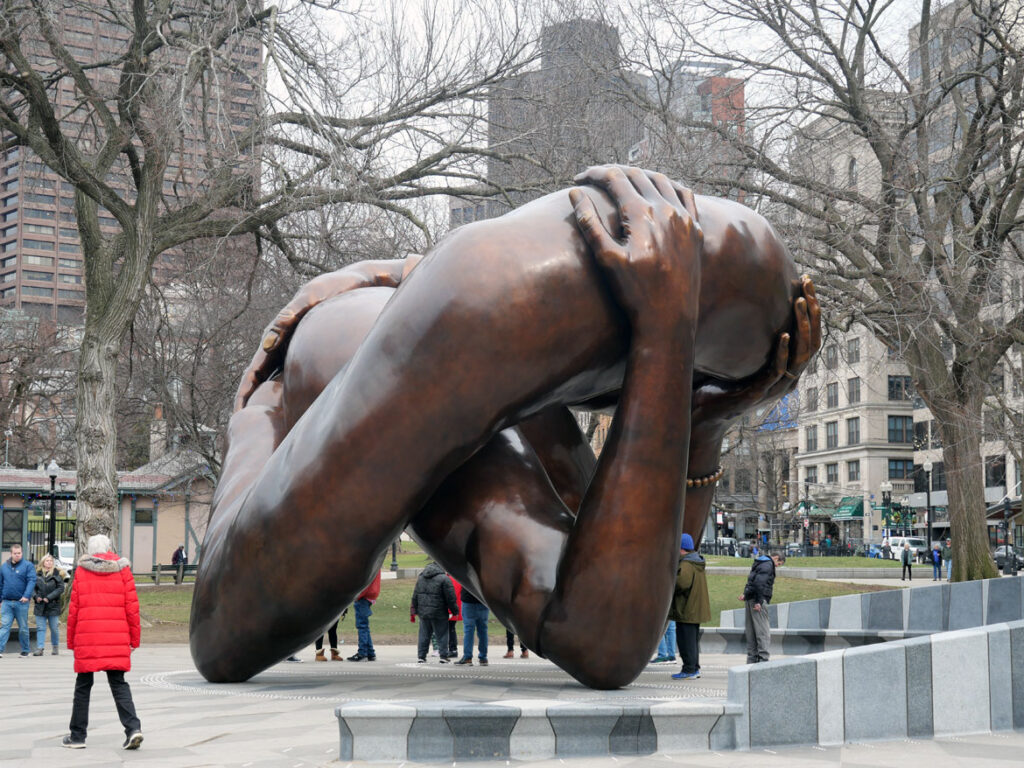 "The Embrace" by Hank Willis Thomas, with assistance from Mass Design Group, on Boston Common, Jan. 19, 2023. (©Greg Cook photo)