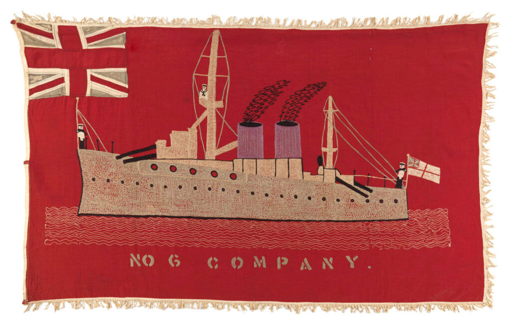 Unidentified artist and workshop, Made for Kyirem No. 6, Company Anomabo, c. 1930; cotton, silk, synthetic fabric. War ships became a common motif on asafo flags after World War I, serving as a statement about dominance of a company in their region. As Supi R. M. P. Baiden of Kyirem No. 6 Company has said, “We control the ocean, we control the seas around our town.”