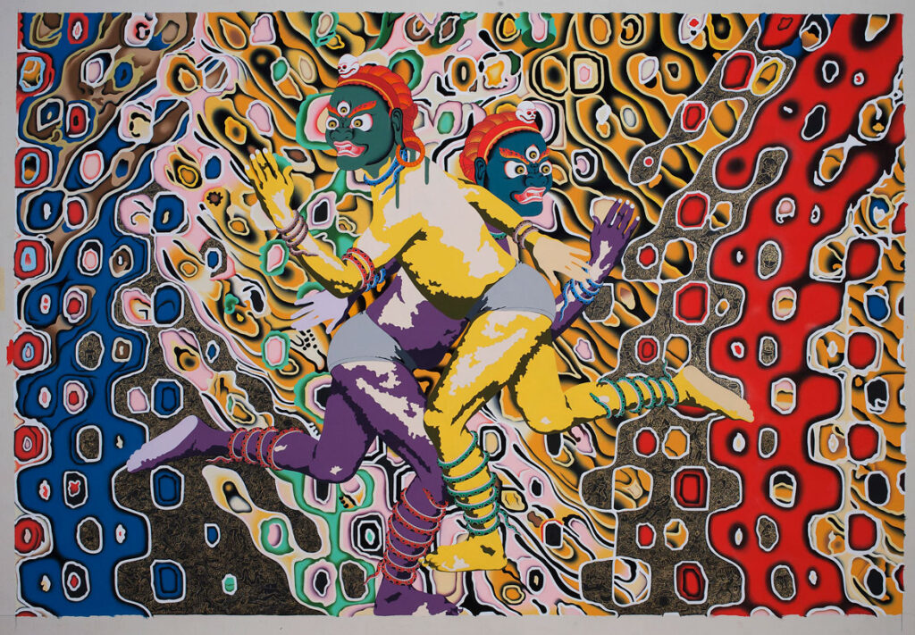 Tsherin Sherpa, "Lost Spirits," 2014,  Gold leaf, acrylic, and ink on cotton . The kaleidoscopic background of this painting is inspired by the pixels that appear when zooming in on a digital image. Let your eye travel across the painting and you will see new forms emerge, including several borrowed from traditional Tibetan art. The two disoriented Spirits flee in opposite directions, as if running from or searching for something. Their mirrored pose may mean that they are, in fact, two aspects of the same Spirit.