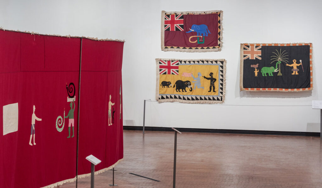 Installation view, Art, Honor, and Ridicule: Fante Asafo Flags from Southern Ghana, 2022, Fowler Museum at UCLA, photo: Elon Schoenholz