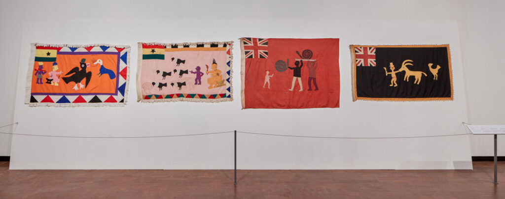 Installation view, Art, Honor, and Ridicule: Fante Asafo Flags from Southern Ghana, 2022, Fowler Museum at UCLA, photo: Elon Schoenholz