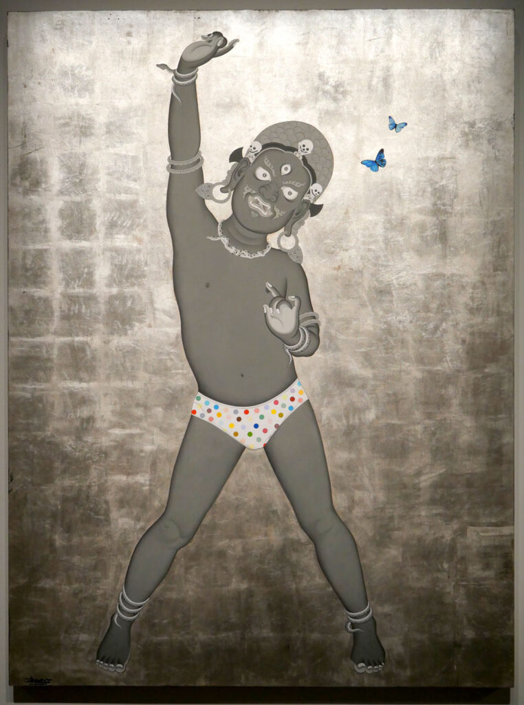 Tsherin Sherpa, "Staying Alive (Too Sexy to Die)," 2011,  Acrylic and silver leaf on wood.