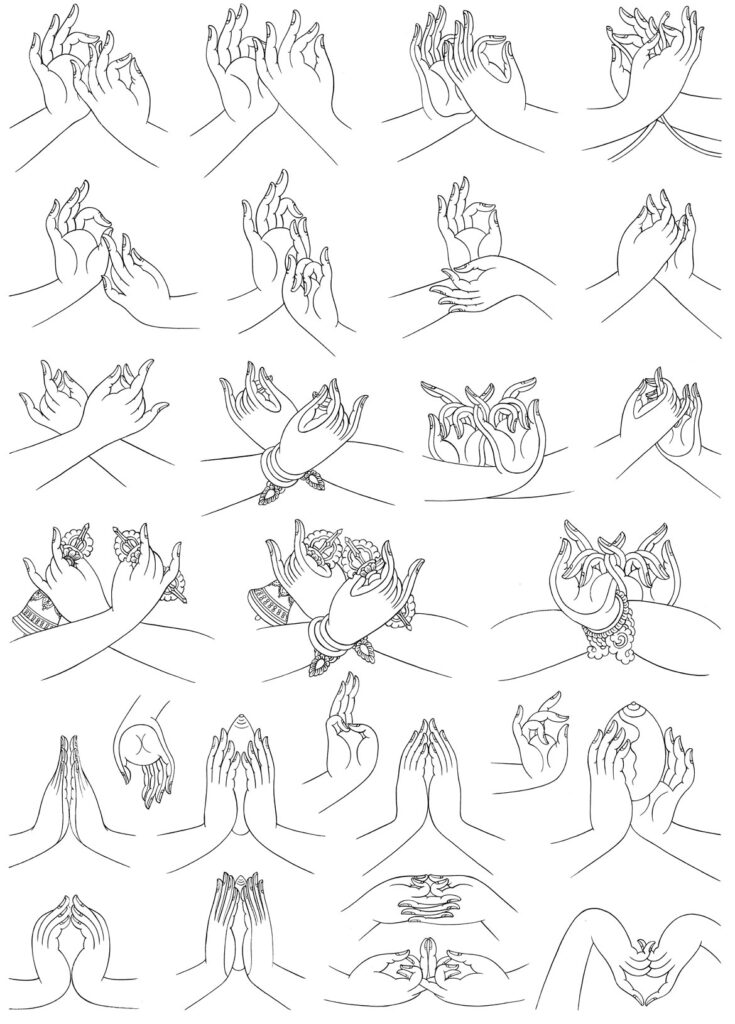 Robert Beer, "Double-Handed Gestures," about 1987. Mudras are symbolic hand gestures that are associated with different energies and properties. The four hands at the top of the composition show the wheel-turning dharmachakra mudras, with the right hands facing outward and left facing inward. The two middle rows show various humkara mudras, with wrists crossed inward over the chest, and the vajrahumkara mudra with the right hand holding a vajra, or scepter, over a ritual bell. On the middle right are two outward-facing hands, with little fingers linked in the wrathful spirit-subduing bhutadamara mudra. The bottom rows show the palms-folded and gem-holding anjali mudras of veneration, along with the interlinked fingers of the mandala-offering practice.