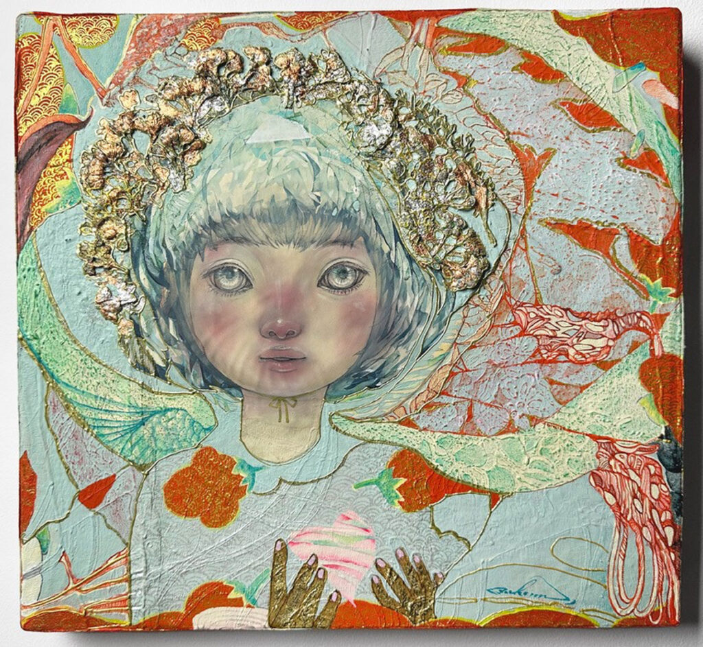 Taeko Maezawa, "Little Kaguyahime," 2021, Panel, cotton, gesso, colored pencils, pastels, resin, acrylic resin, Indian ink,gold leaf, kimono, pressed flower.