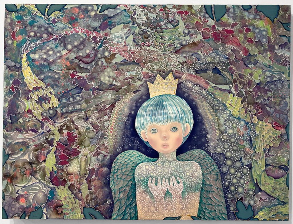Taeko Maezawa, "Rain of Tales - Green Wings," 2022, Panel, gesso, colored pencils, pastels, resin, acrylic resin, Indian ink, kimono.