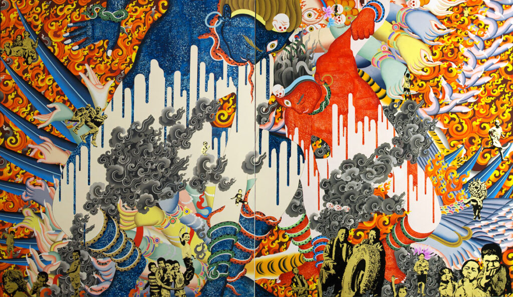 Tsherin Sherpa, "All Things Considered," 2014, Gold leaf, acrylic, and ink on canvas . Two imposing Spirits descend into a chaotic, battle-like scene. Pigment drips across their forms and draws attention to the frenzy of color and activity that surrounds them—whirling flames, smoke, limbs, and wings. Small scenes with children fill the foreground. Some play joyfully while others work or wear military dress. Sherpa was contemplating the turmoil and global upheaval that we are leaving our children. There is a battle that they, along with these Spirits, will have to face to survive the world they inherit from us.