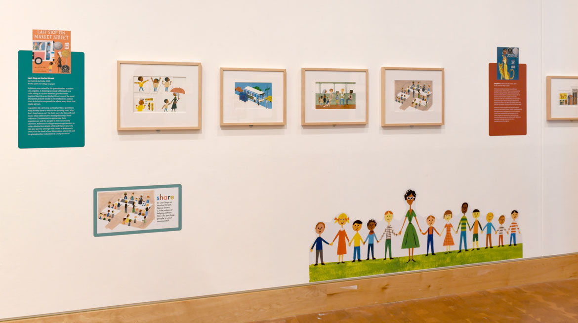 Pages from "Last Stop on Market Street" in the exhibition "What Might You Do? Christian Robinson" at the Eric Carle Museum, Amherst, 2023.