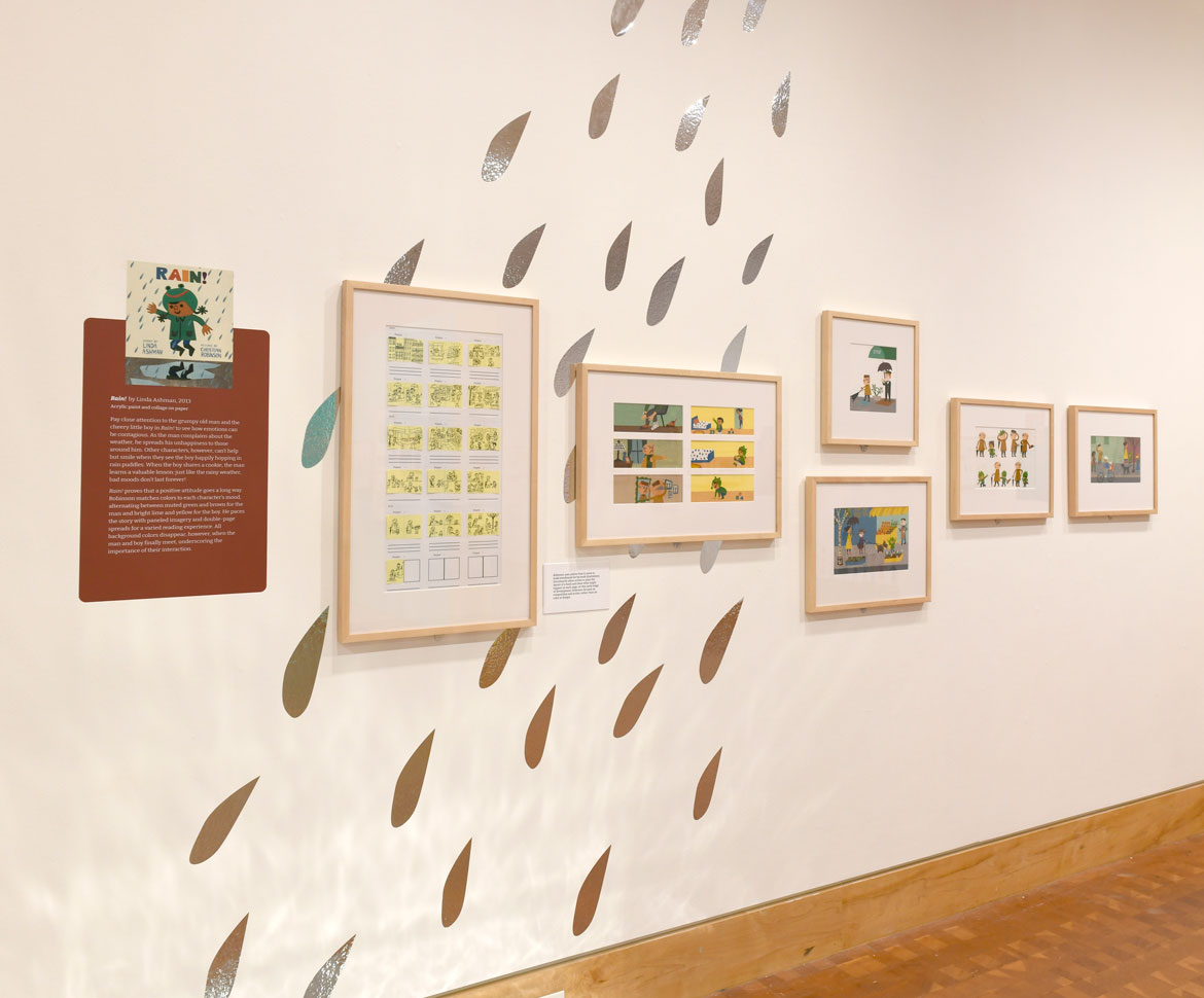 Pages from "Rain" in the exhibition "What Might You Do? Christian Robinson" at the Eric Carle Museum, Amherst, 2023.
