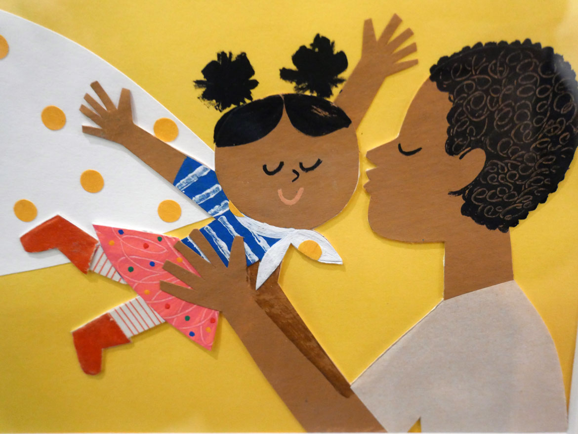 Detail of page from "Just in Case You Want to Fly" in the exhibition "What Might You Do? Christian Robinson" at the Eric Carle Museum, Amherst, 2023.