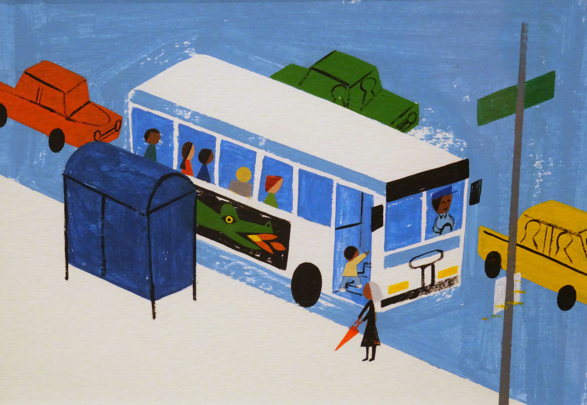 Page from "Last Stop on Market Street" in the exhibition "What Might You Do? Christian Robinson" at the Eric Carle Museum, Amherst, 2023.
