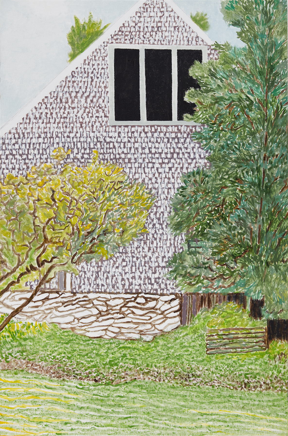 Yvonne Jacquette, "Back of Barn," 2022 Oil on linen 43 x 28 1/2 inches.