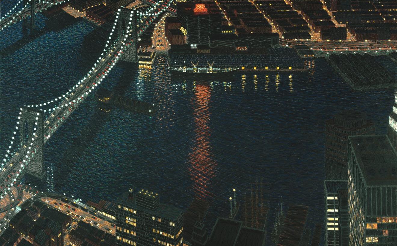 Yvonne Jacquette, "East River View with Brooklyn Bridge," 1983. Oil on canvas, 96 x 128 inches. Brooklyn Museum, Purchased with funds given by the Landowne-Bloom Foundation in memory of Louis Landowne and Dick S. Ramsay Fund, 83.84.