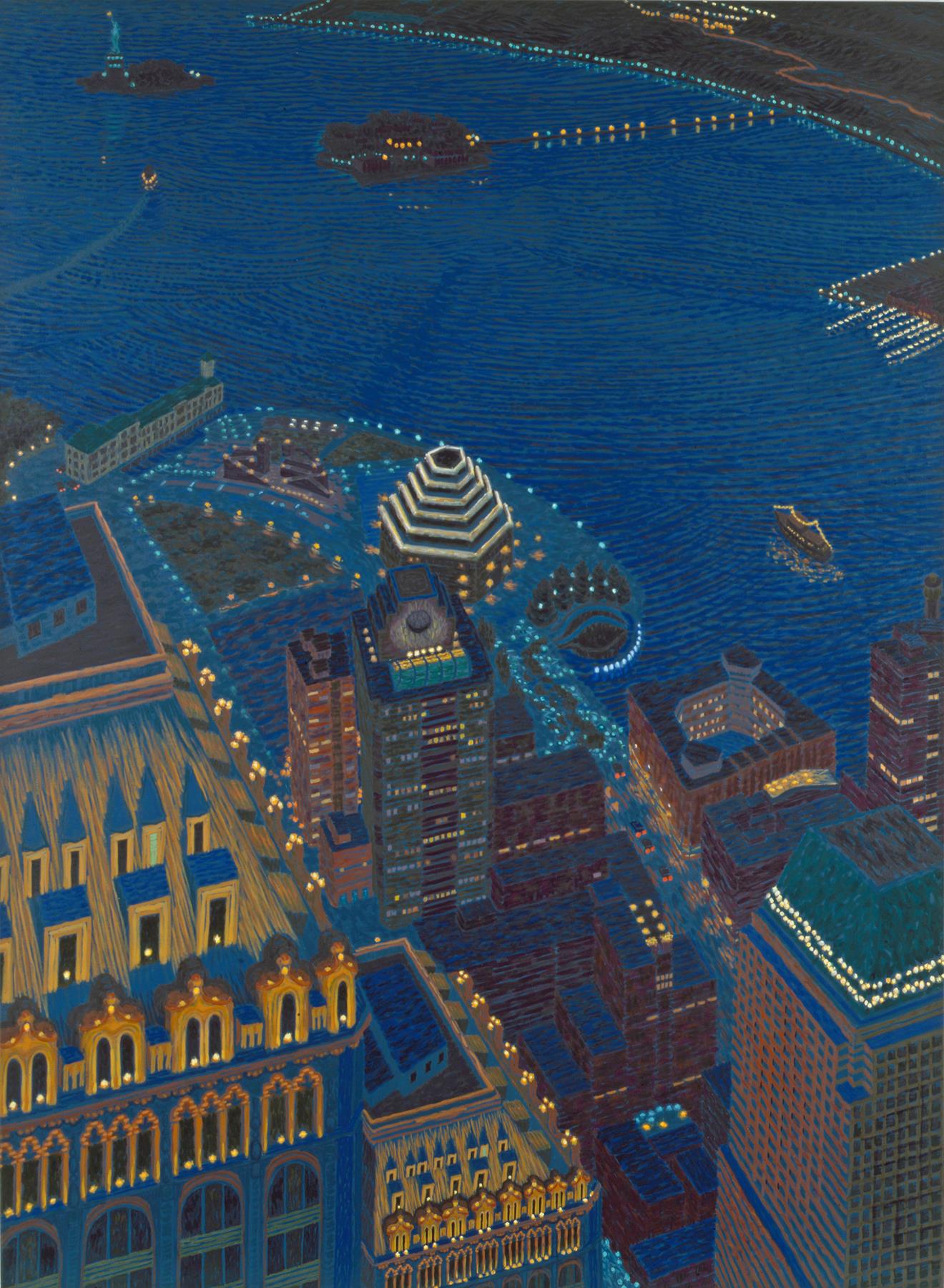 Yvonne Jacquette, "Mixed Heights and Harbor From World Trade Center," 1998. Oil on linen, 79 1/4 x 58 3/8 inches.