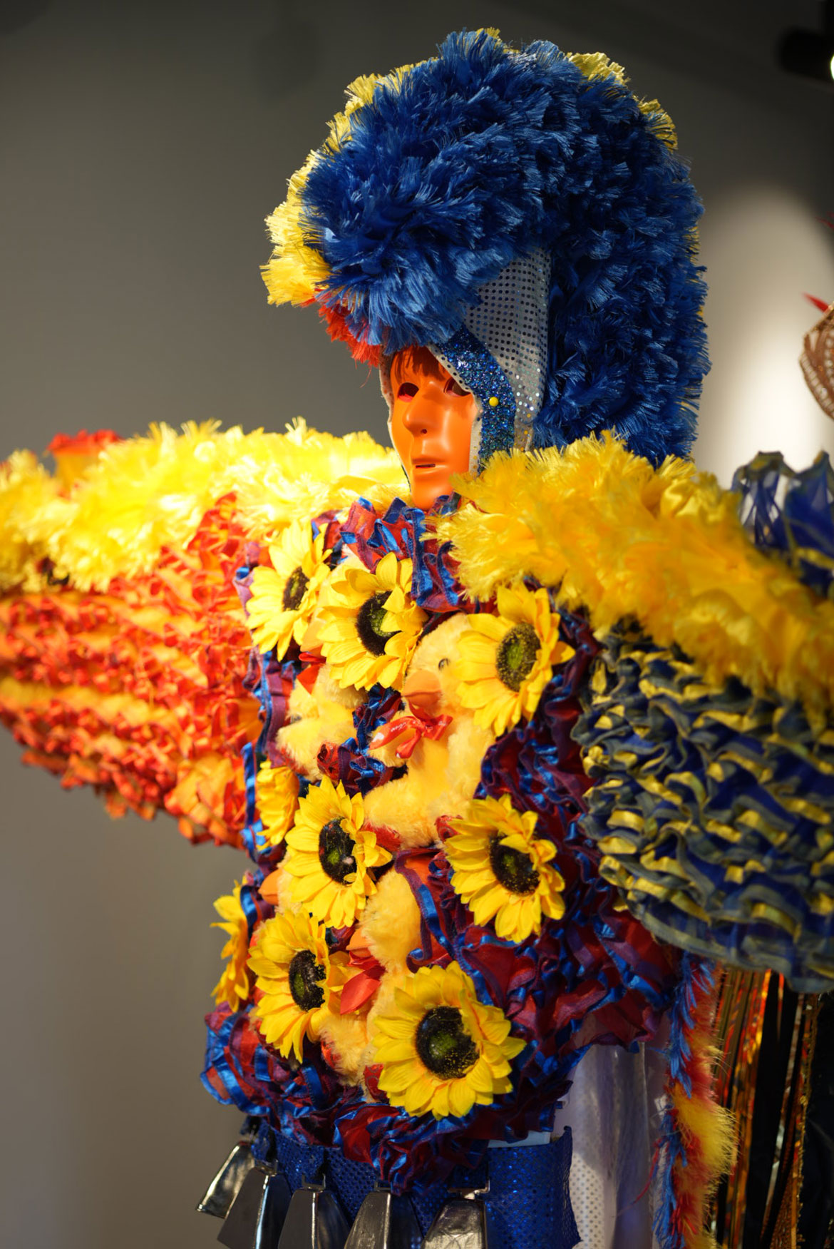 Asociacion Carnavalesca de Massachusetts mask and suit in “El Carnaval Continúa" at the Essex Art Center, Lawrence. (Mariana Martins photo)