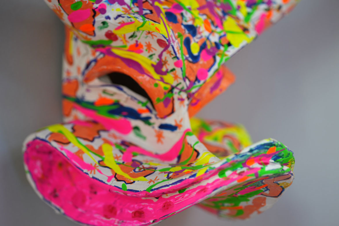 Asociacion Carnavalesca de Massachusetts mask in “El Carnaval Continúa" at the Essex Art Center, Lawrence. (Mariana Martins photo)