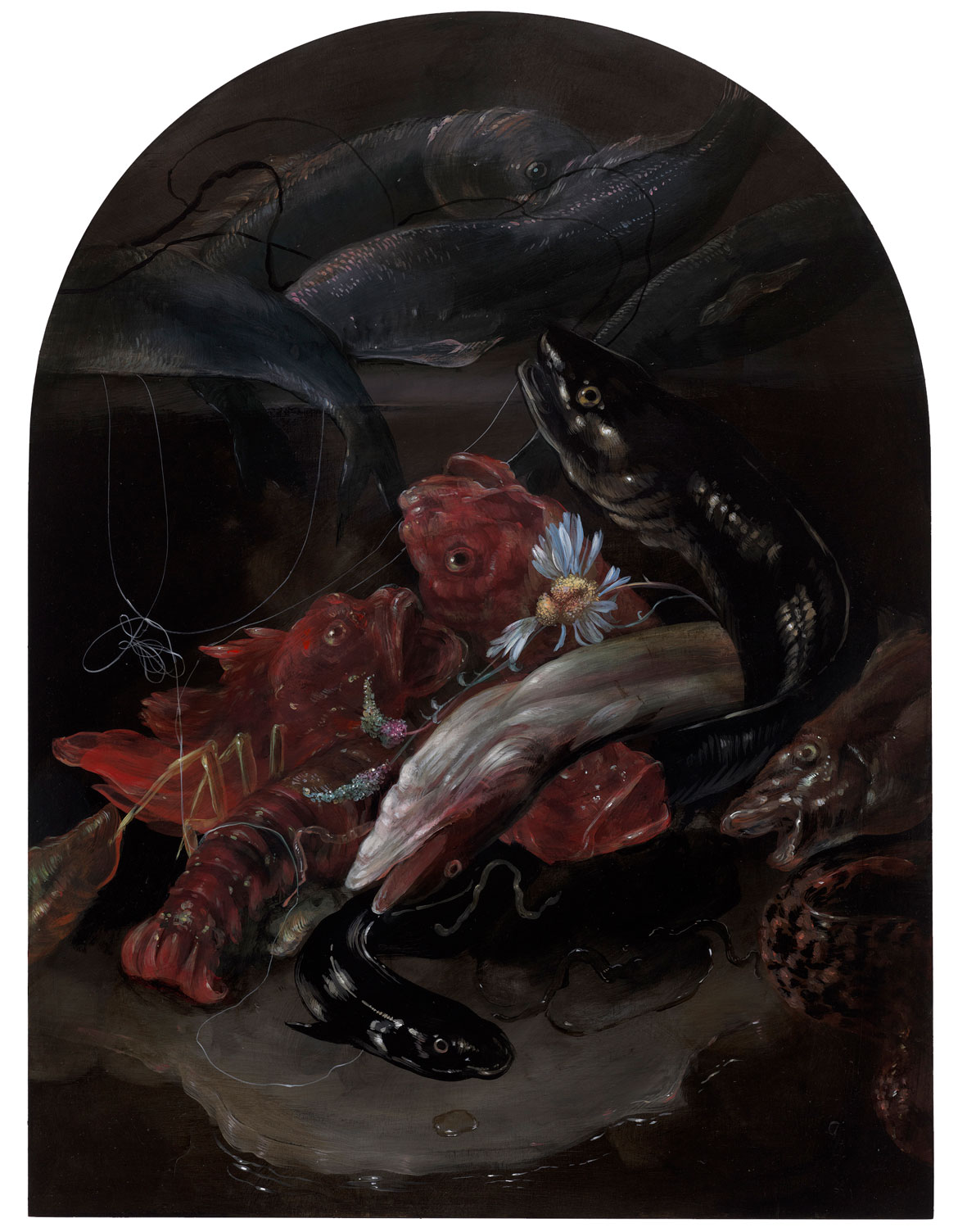Nicole Duennebier, "Alcove Diptych with Scintillating Fish (2)," acrylic on panel.