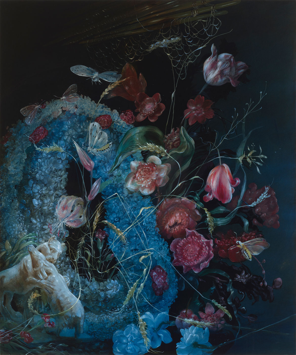 Nicole Duennebier, "Still Life with Wreath and Blue Sculpture," acrylic on panel.