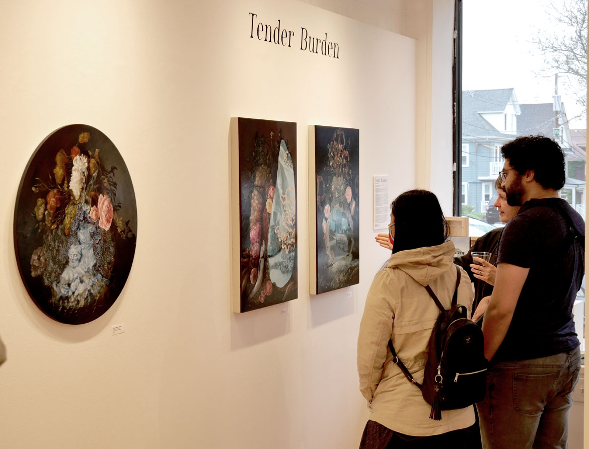 Nicole Duennebier's exhibition "Tender Burden" at 13Forest Gallery, Arlington, May 20, 2023. (©Greg Cook photo)
