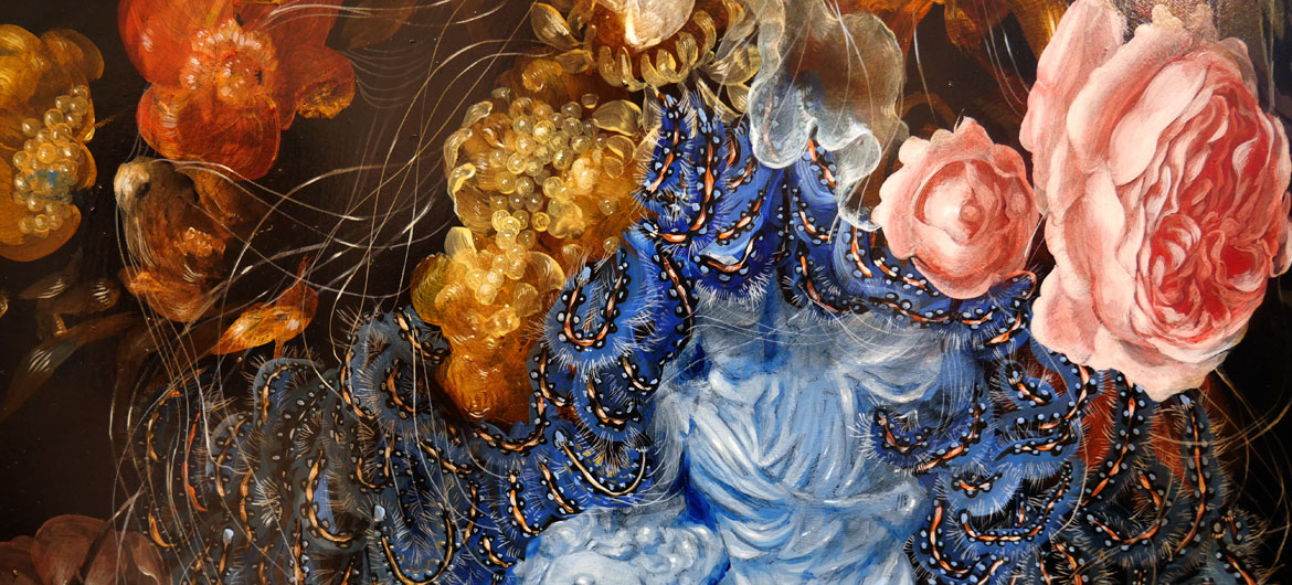 Detail of Nicole Duennebier, "Tent Worm with Blue Sculpture," acrylic on panel.