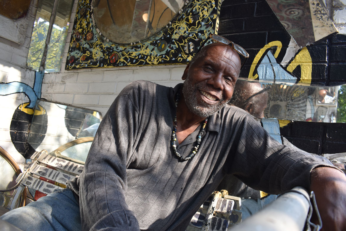 Olayami Dabls at his Mbad African Bead Museum at Detroit, Michigan, 2021. (©Greg Cook photo)