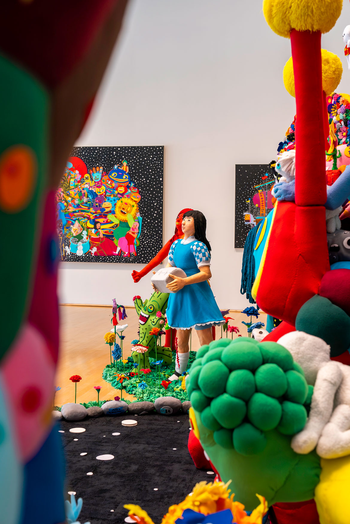 JooYoung Choi, “Like a Bolt Out of the Blue, Faith Steps In and Sees You Through—Infinite Feels Arrangement,” detail, installation view, “JooYoung Choi: Love and Wondervision,” May 25 – August 26, 2023, Moody Center for the Arts at Rice University. Photo by Gustavo Raskosky.