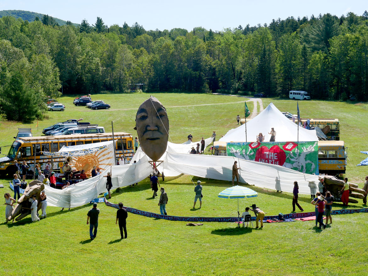 Rehearsing the giant Mother Earth puppet for Bread and Puppet Theater's "The Heart of the Matter" Circus, Glover, Vermont, Sunday, July 30, 2023. (©Greg Cook photo)