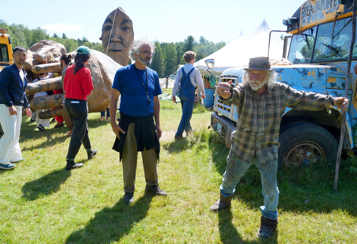 Peter Schumann (right) directing a rehearsal of the giant Mother Earth puppet for Bread and Puppet Theater's "The Heart of the Matter" Circus, Glover, Vermont, Sunday, July 30, 2023. (©Greg Cook photo)