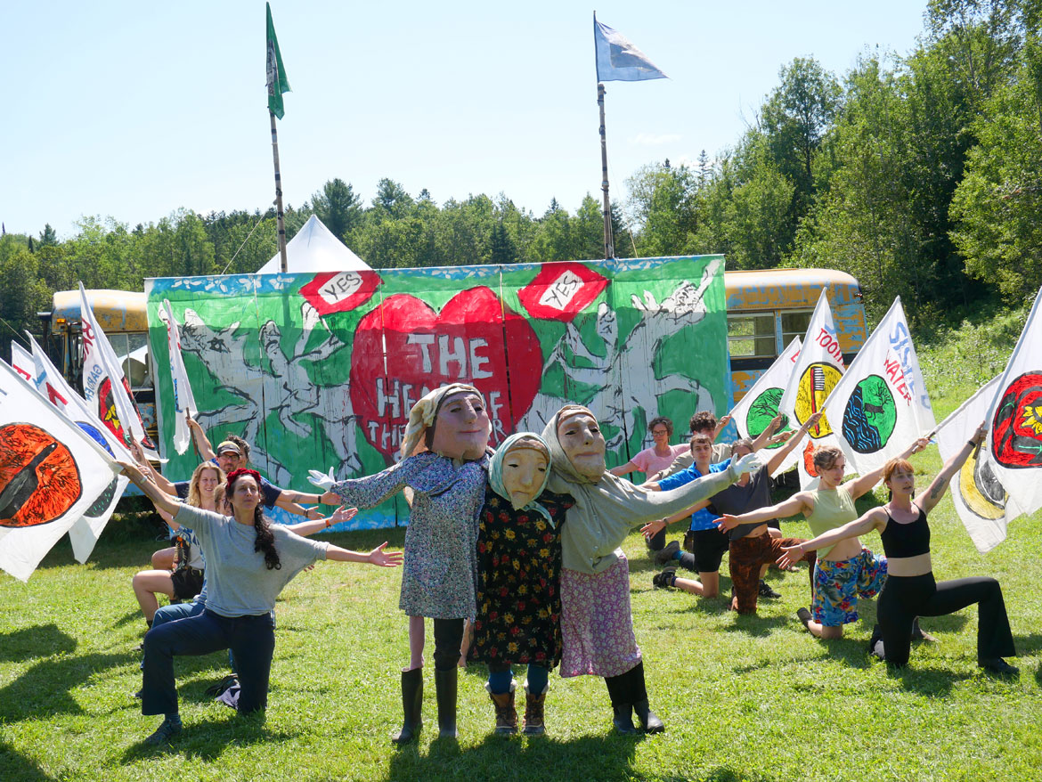 Bread and Puppet Theater rehearsing the opening of "The Heart of the Matter" Circus, Glover, Vermont, Sunday, July 30, 2023. (©Greg Cook photo)