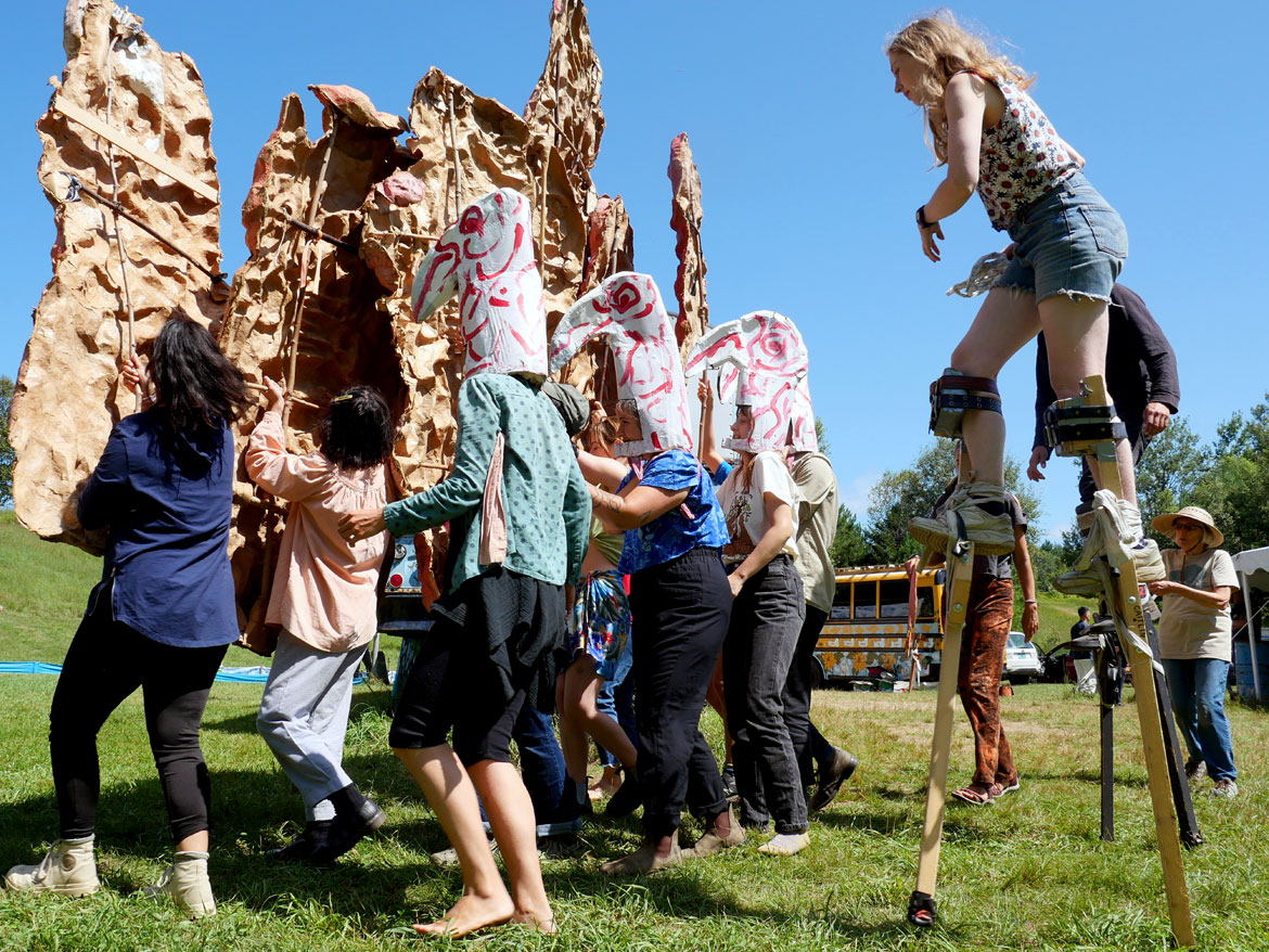 Bread and Puppet Theater rehearsing "The Heart of the Matter" Circus, Glover, Vermont, Sunday, July 30, 2023. (©Greg Cook photo)