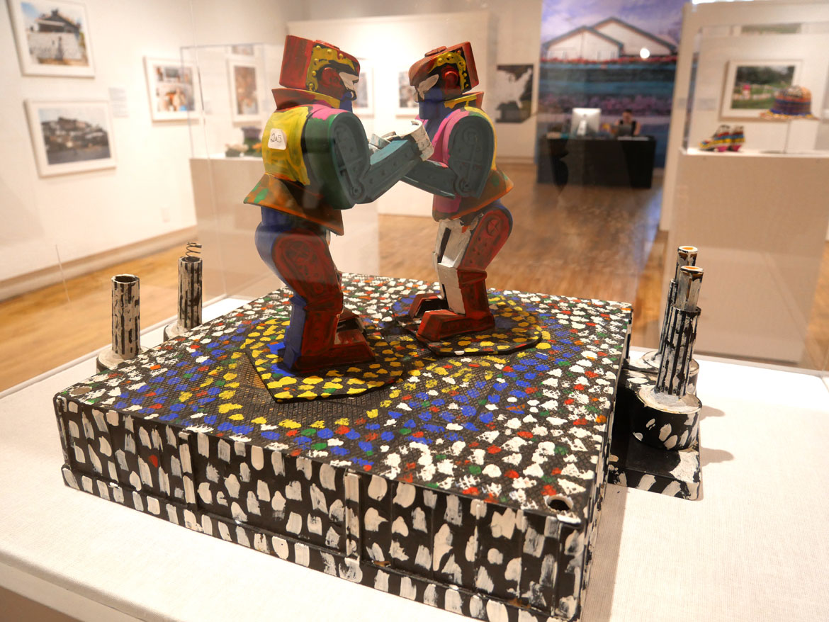 L.V. Hull, painted “Rock ‘Em Sock ‘Em Robots” toy. In “Ted Degener: At Home with Artists” at Intuit in Chicago.