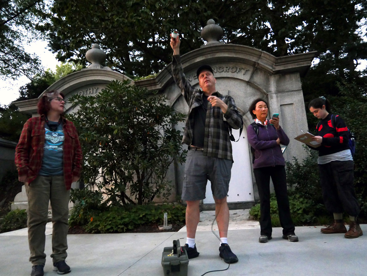 Christopher Richardson holds up an audio device to listen for bat calls at Cambridge's Mount Auburn Cemetery, Sept. 20, 2023. (©Greg Cook photo)