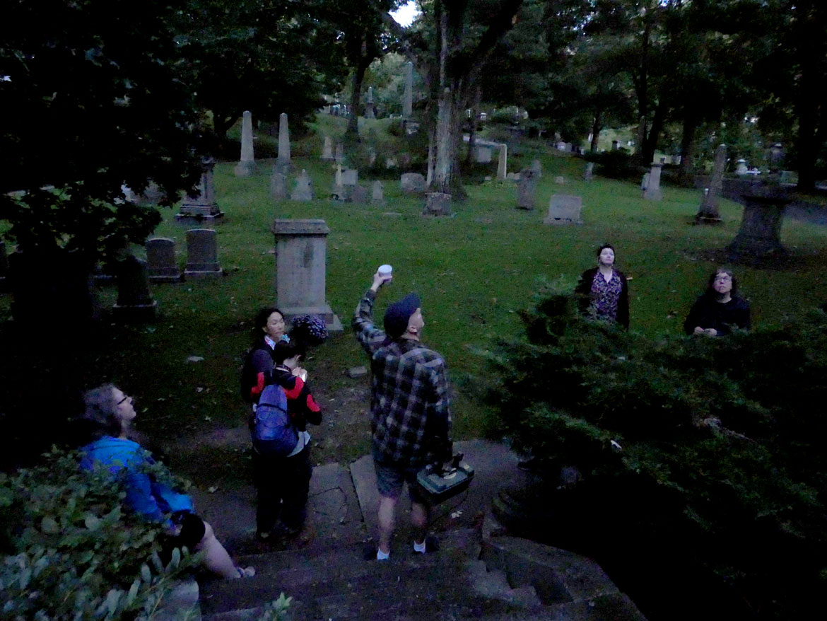 Looking and listening for bats at Cambridge's Mount Auburn Cemetery, Sept. 20, 2023. (©Greg Cook photo)
