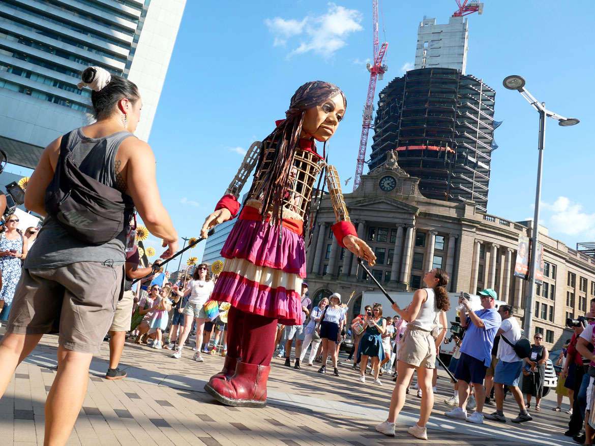 Little Amal at Dewey Square and South Station, Boston, Sept. 7, 2023. (©Greg Cook photo)