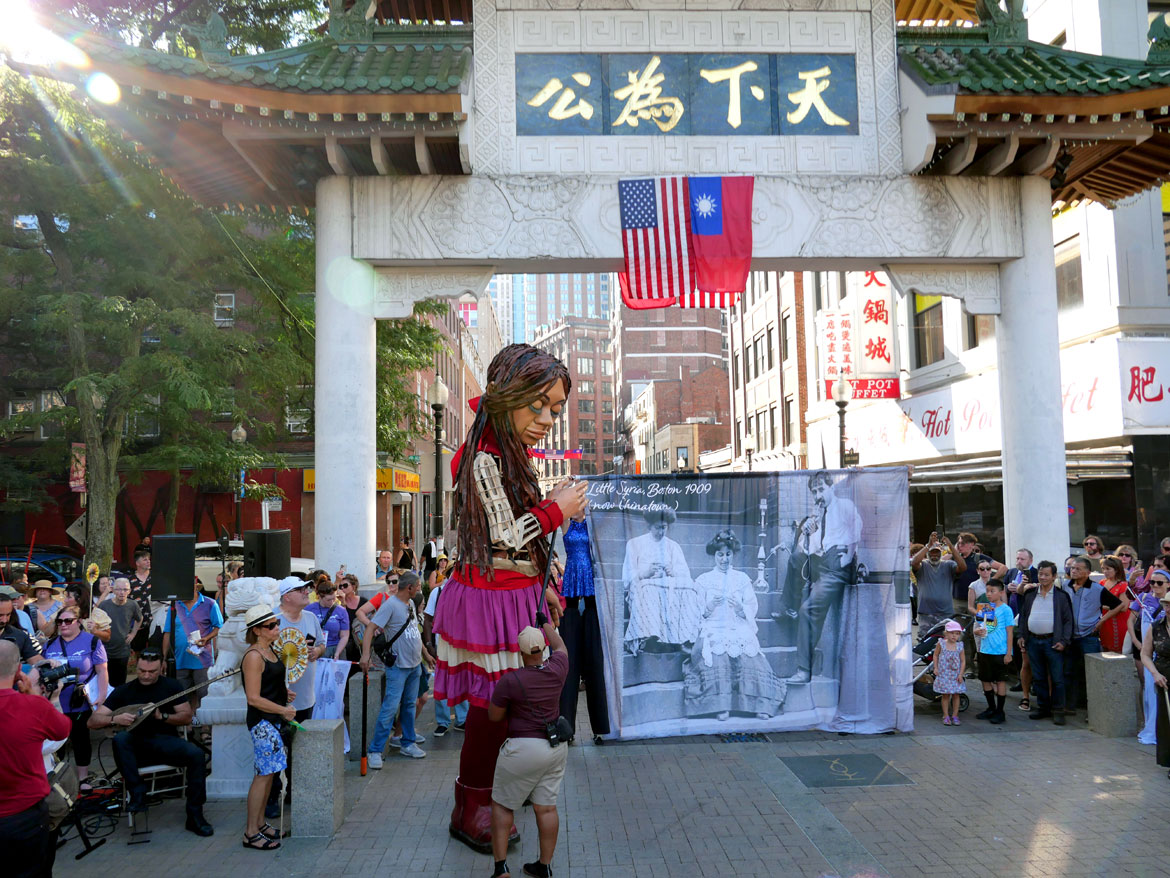 Little Amal at Chinatown Gate, Boston, Sept. 7, 2023. (©Greg Cook photo)