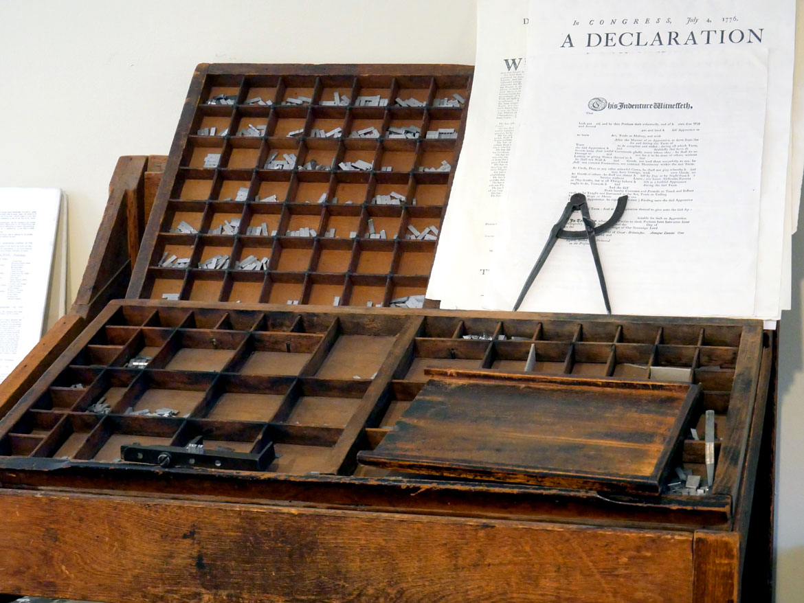 Metal type at the Printing Office of Edes & Gill, in the 1715 Clough House o the campus of Boston's Old North Church, Aug. 13, 2023. (©Greg Cook photo)