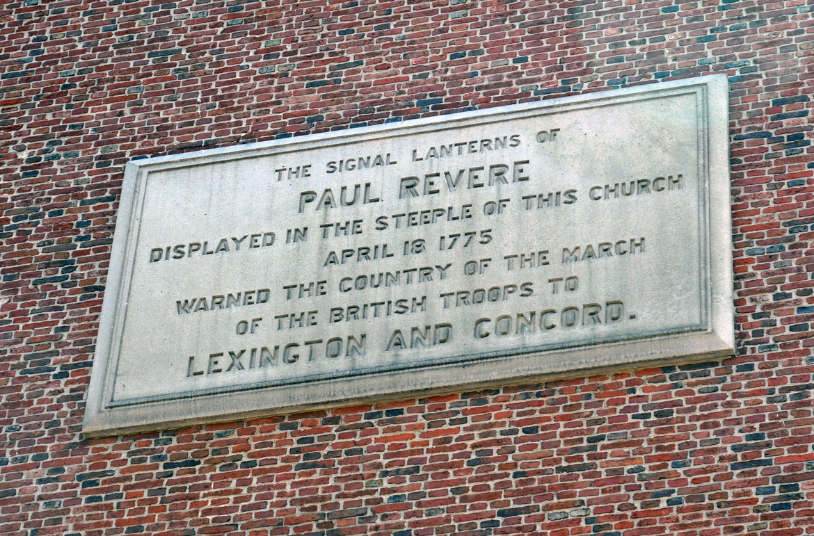 Historical plaque on Boston's Old North Church, Aug. 13, 2023. (©Greg Cook photo)