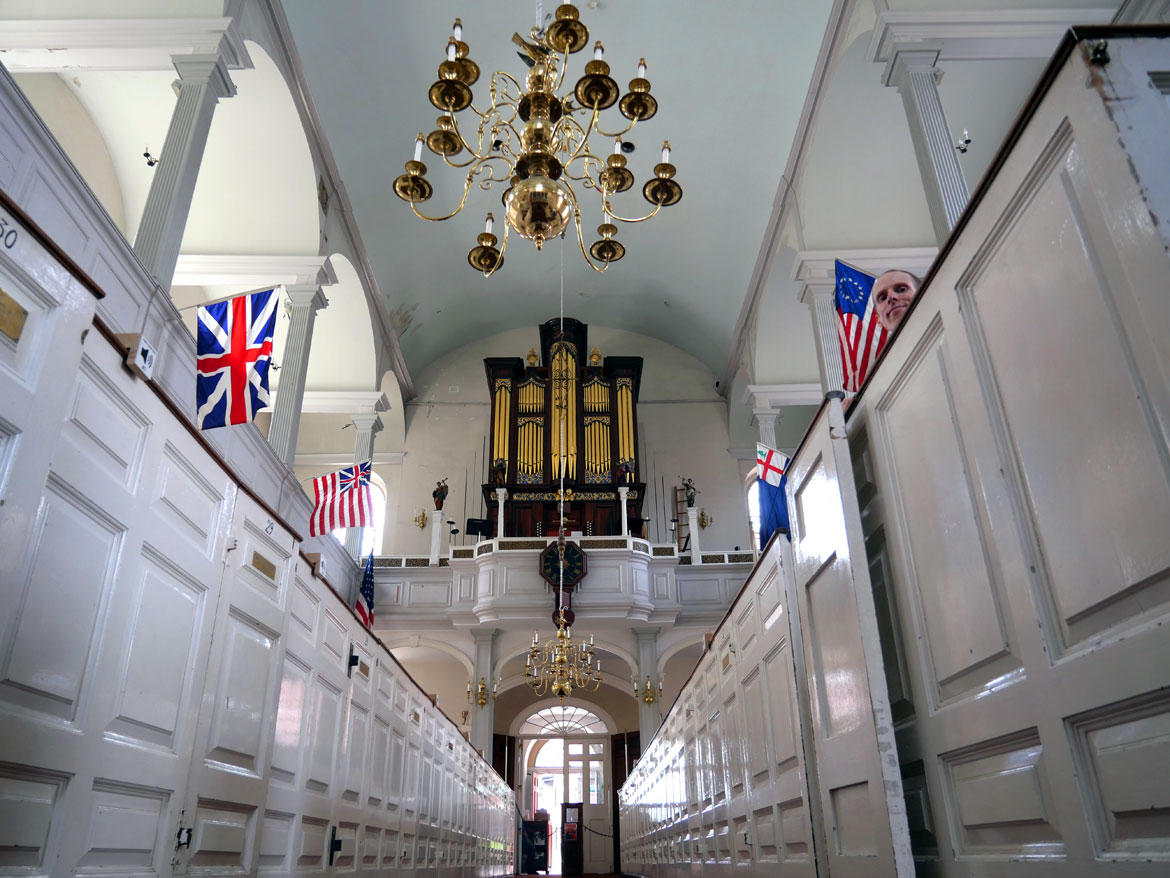 Inside Boston's Old North Church, Aug. 13, 2023. (©Greg Cook photo)