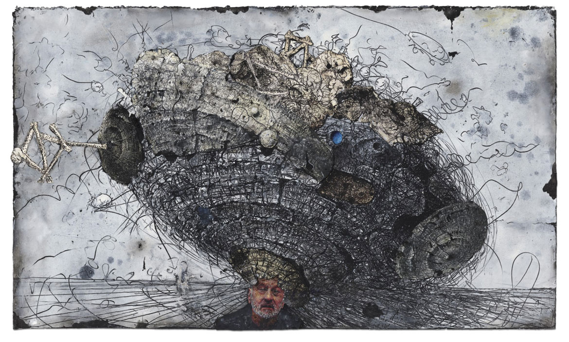 Gerry Bergstein, "Attempted Mind Meld with Philip Guston," 2023, mixed media on paper, 24 x 40 in (Courtesy of Gallery NAGA and the artist)