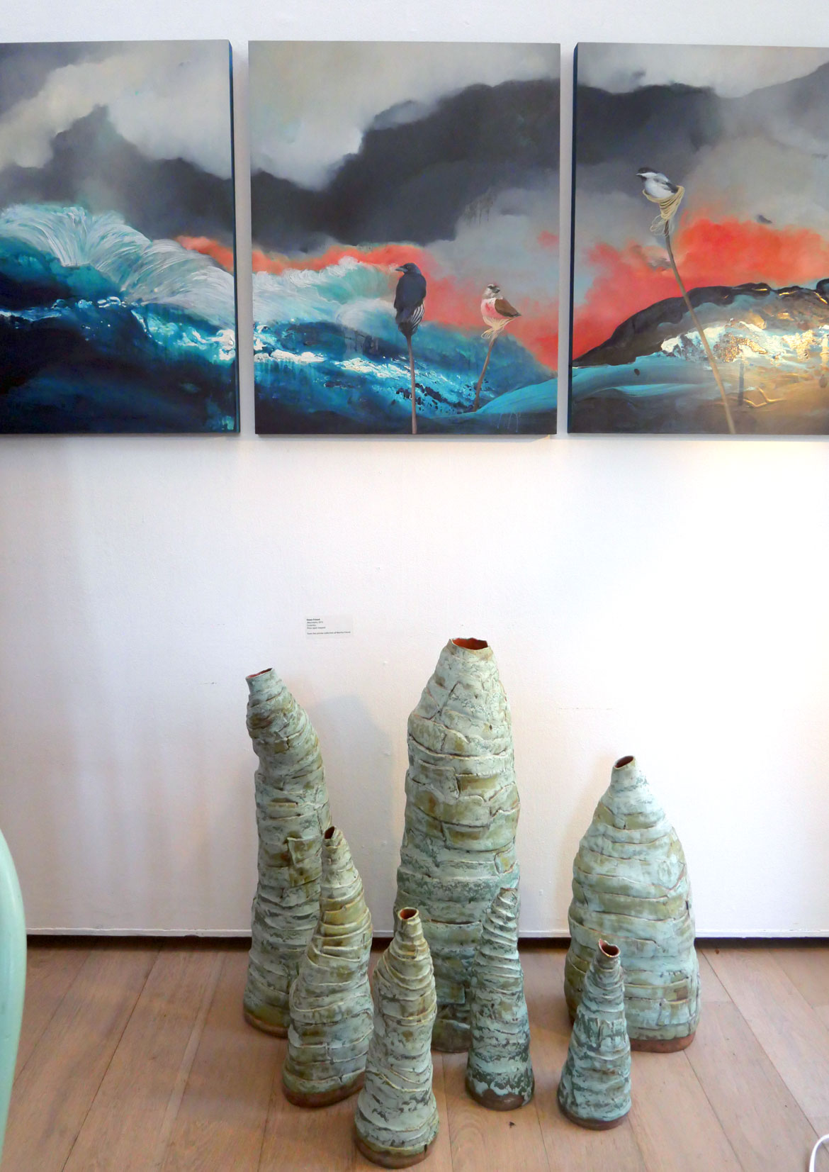 "Blue" at the Somerville Museum, with (on floor) Gwen Friend, "Mountains," 2015, ceramics.