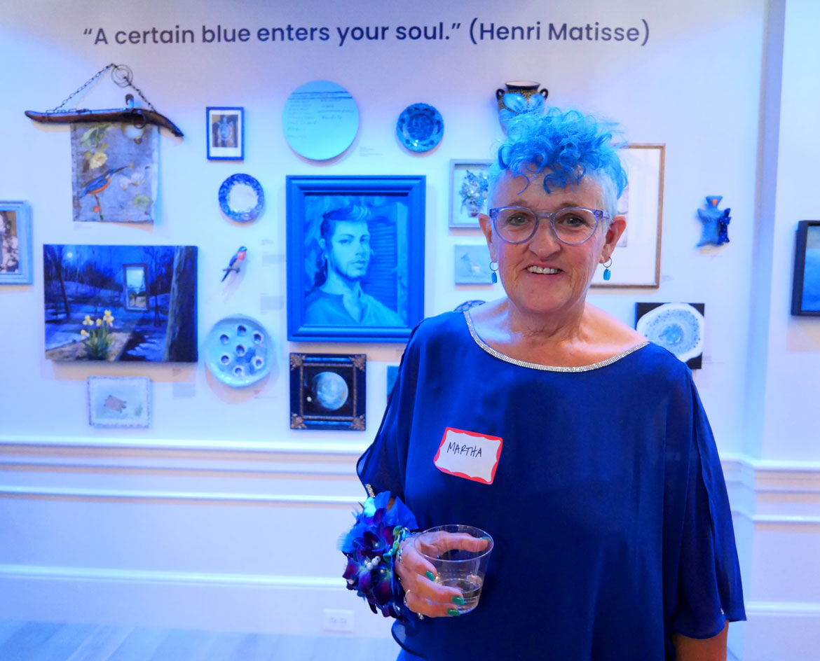 Martha Friend at "Blue" at the Somerville Museum, 2023. (©Greg Cook photo)
