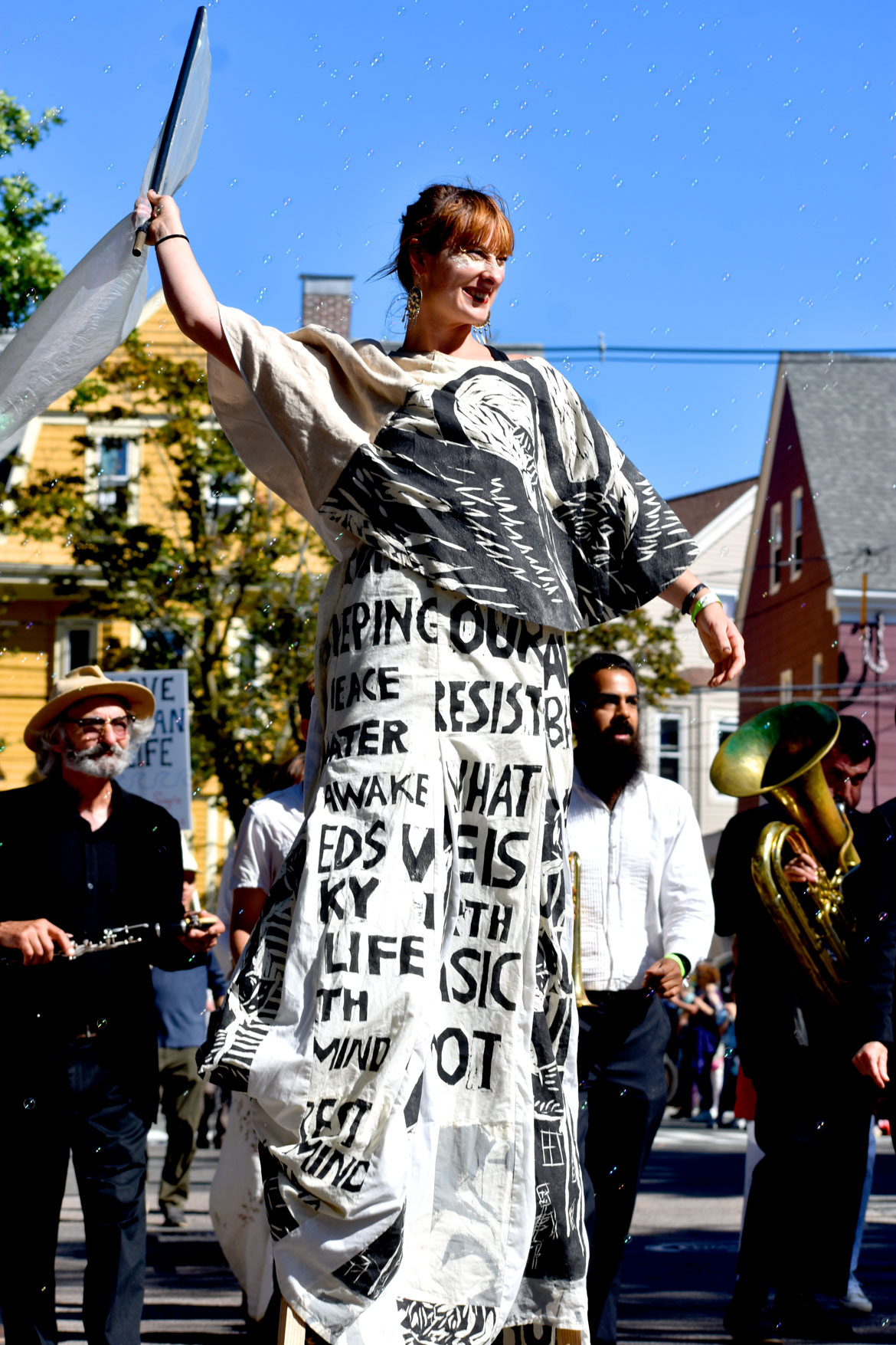 Bread and Puppet Theater from Vermont performs in the Honk Parade, Oct. 8, 2023. (©Greg Cook photo)