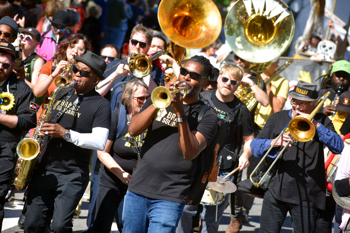 Brass Solidarity from Minneapolis performs in the Honk Parade, Oct. 8, 2023. (©Greg Cook photo)