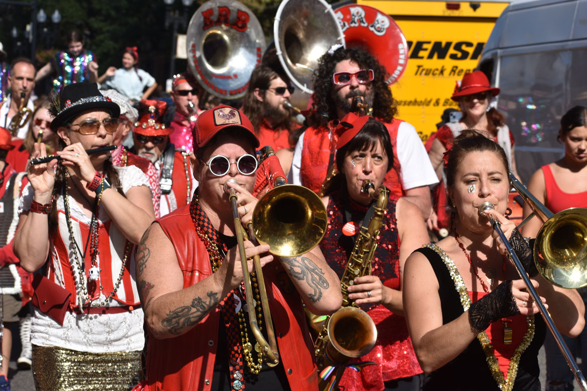 Extraordinary Rendition Band from Providence performs in the Honk Parade, Oct. 8, 2023. (©Greg Cook photo)