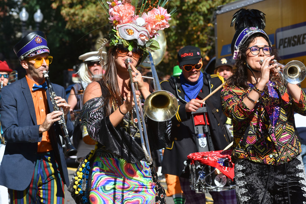 Environmental Encroachment from Chicago performs in the Honk Parade, Oct. 8, 2023. (©Greg Cook photo)